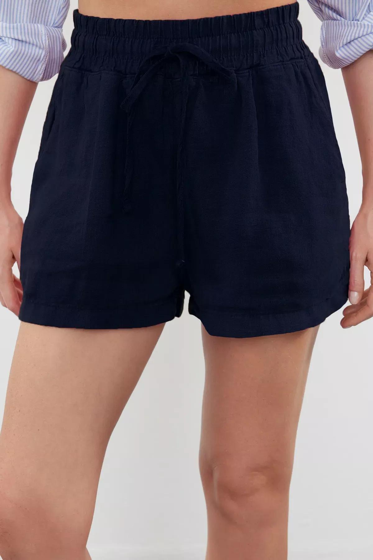 Navy Linen Elastic Waist Shorts, , large image number 2