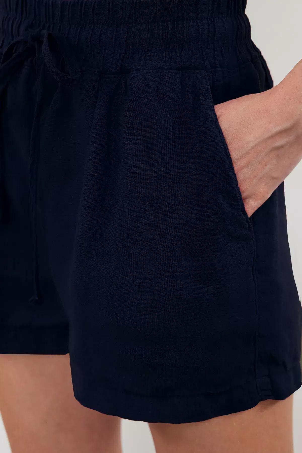 Navy Linen Elastic Waist Shorts, , large image number 3