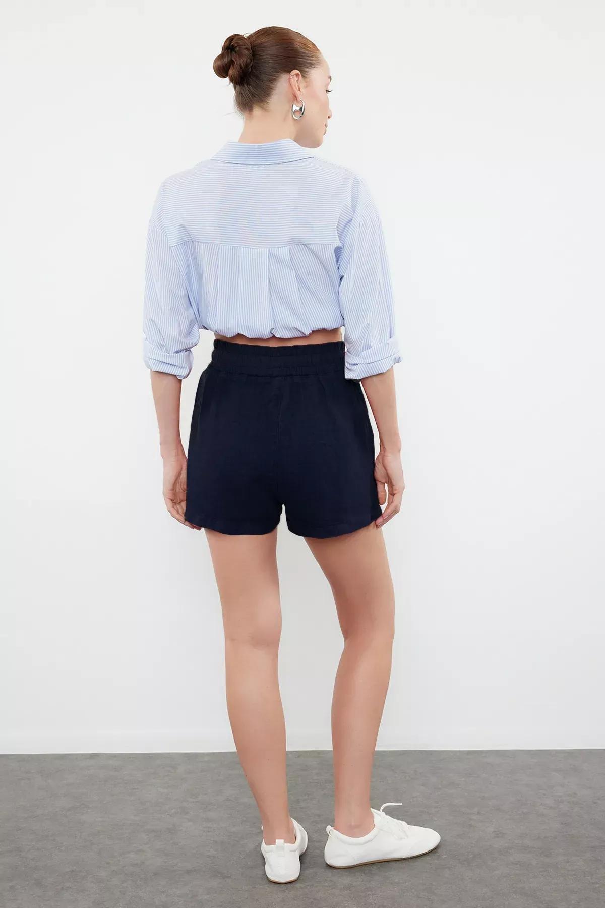 Navy Linen Elastic Waist Shorts, , large image number 4
