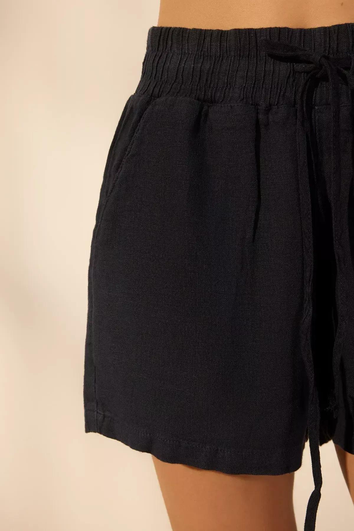 Navy Linen Elastic Waist Shorts, Navy blue, large image number 5