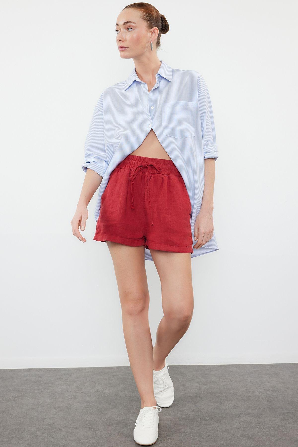 Red 100% Linen Elastic Waist High Waist Shorts TWOSS23SR00319, , large image number 0