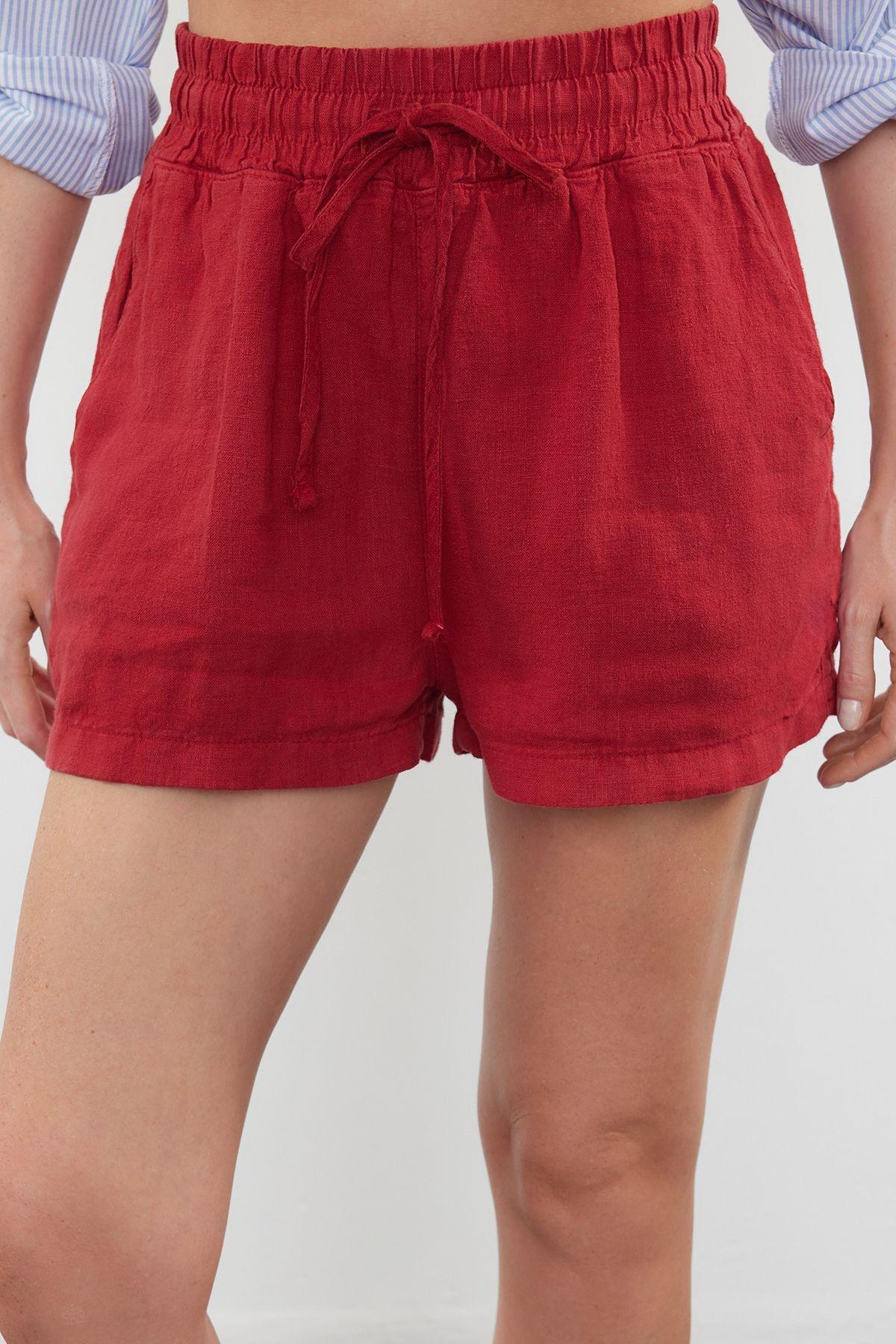 Red 100% Linen Elastic Waist High Waist Shorts TWOSS23SR00319, , large image number 2