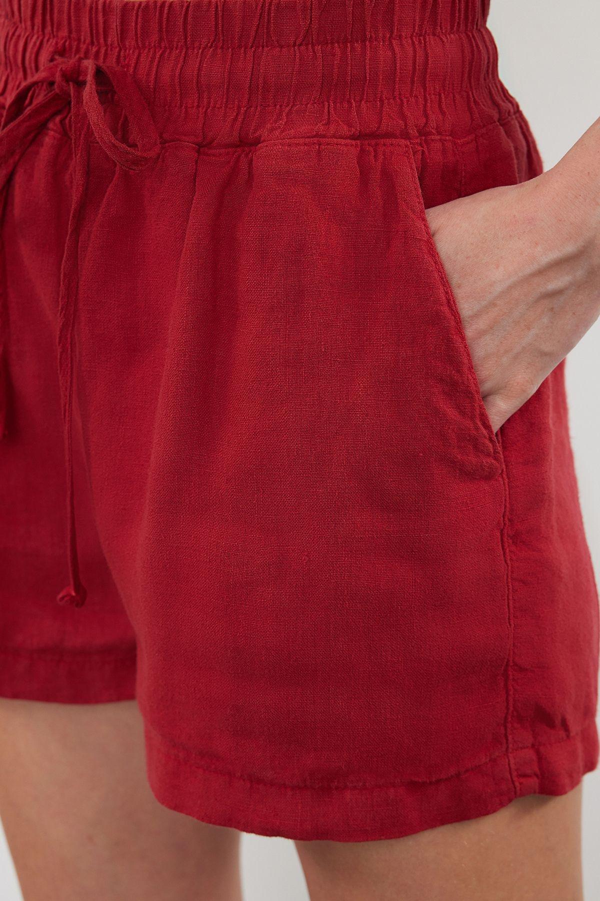 Red 100% Linen Elastic Waist High Waist Shorts TWOSS23SR00319, , large image number 3