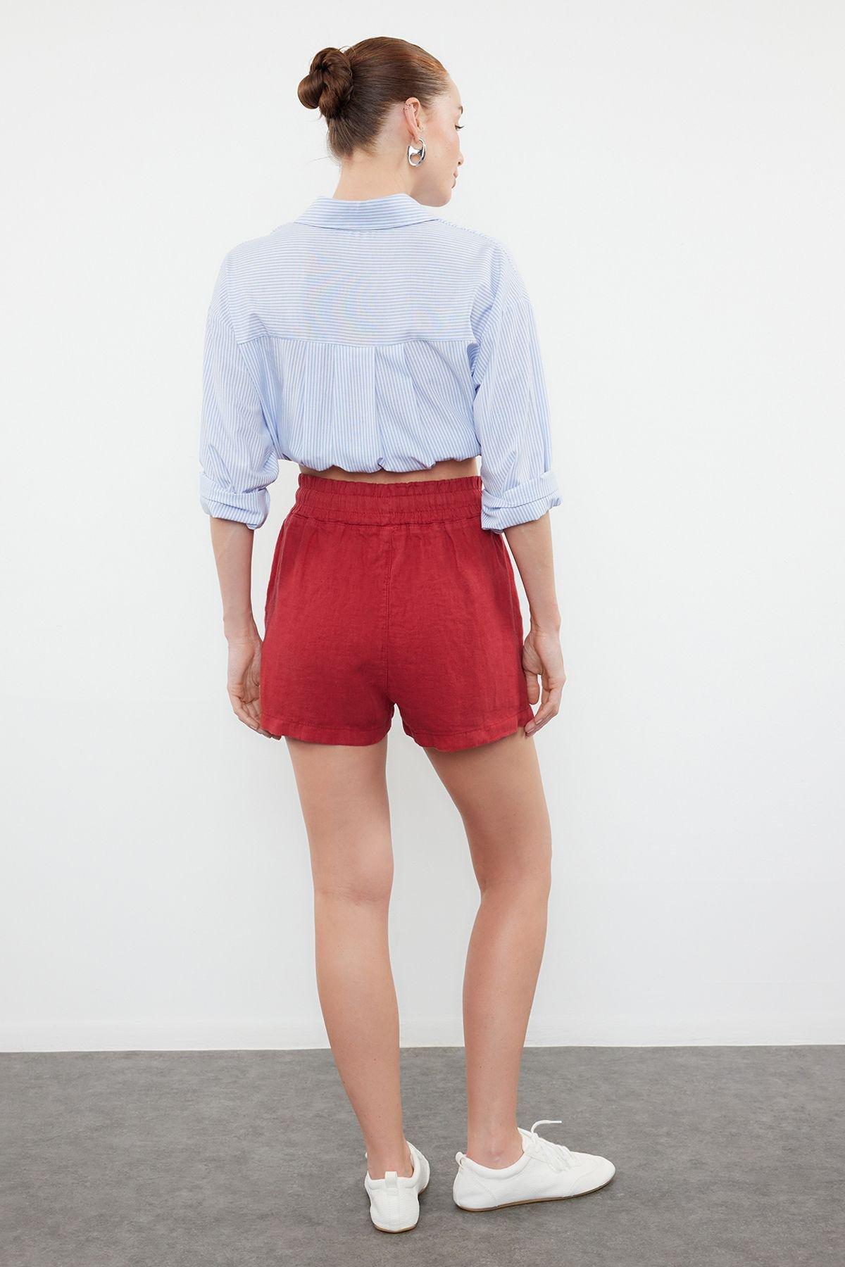 Red 100% Linen Elastic Waist High Waist Shorts TWOSS23SR00319, , large image number 4