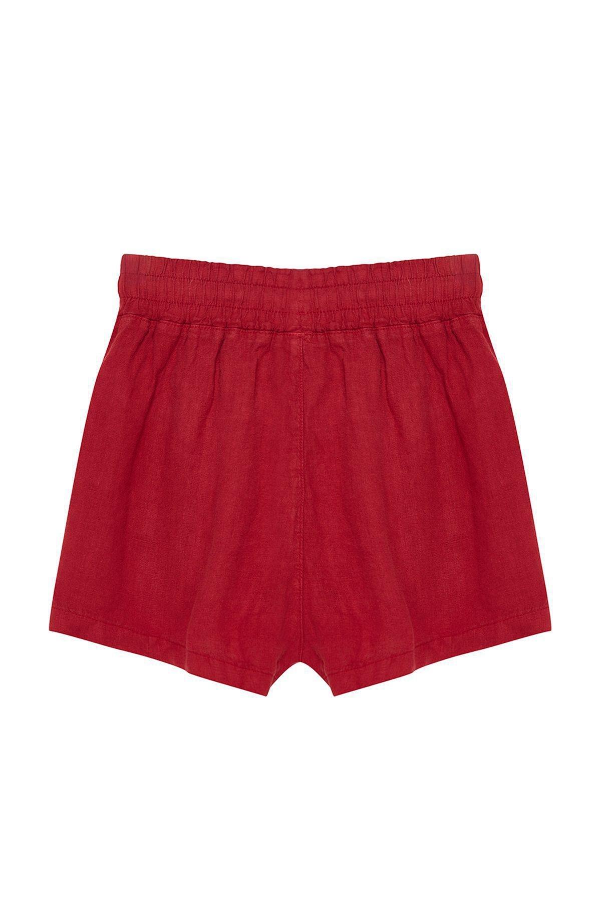 Red 100% Linen Elastic Waist High Waist Shorts TWOSS23SR00319, , large image number 5