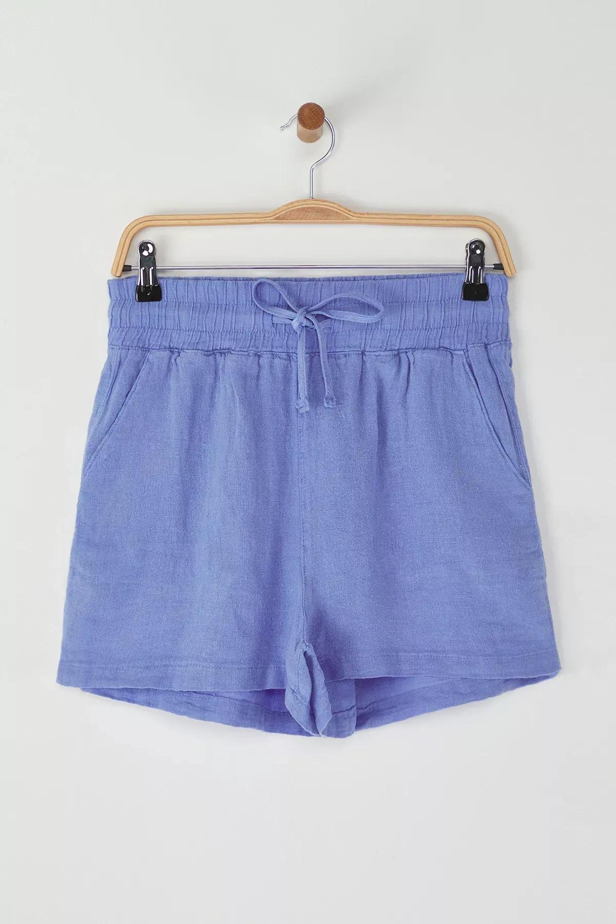 Blue Linen High-Waist Shorts, , large image number 0