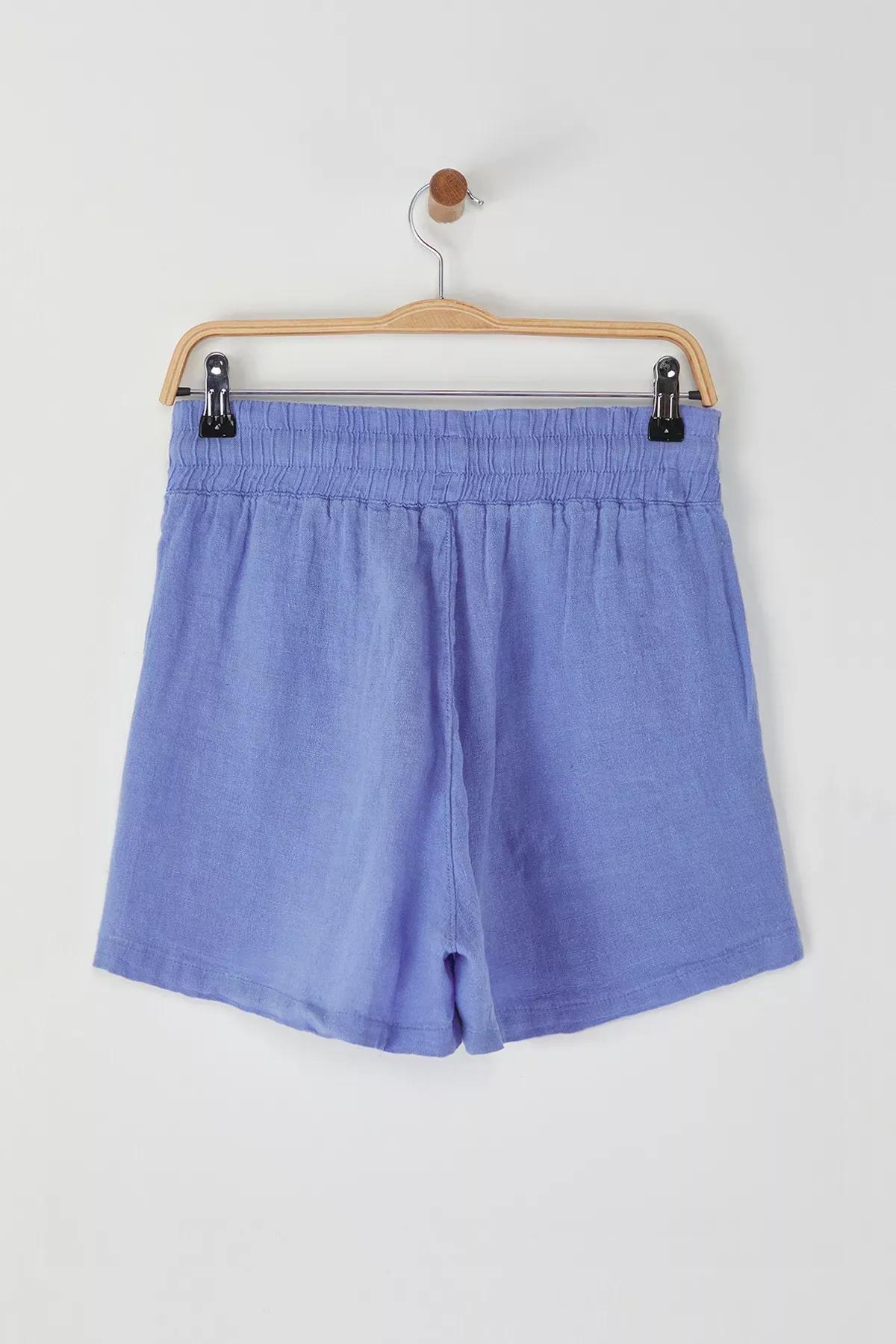Blue Linen High-Waist Shorts, , large image number 3