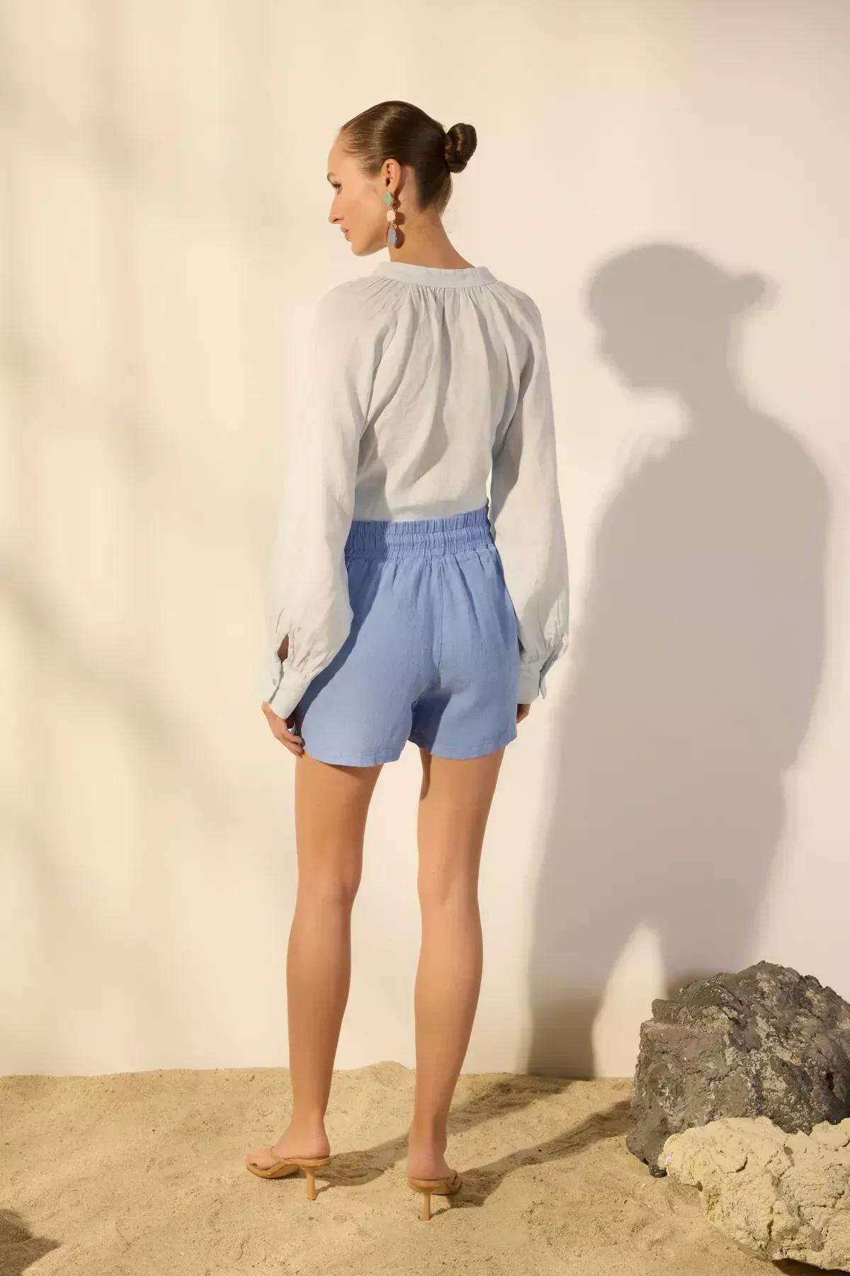 Blue Linen High-Waist Shorts, Blue, large image number 6