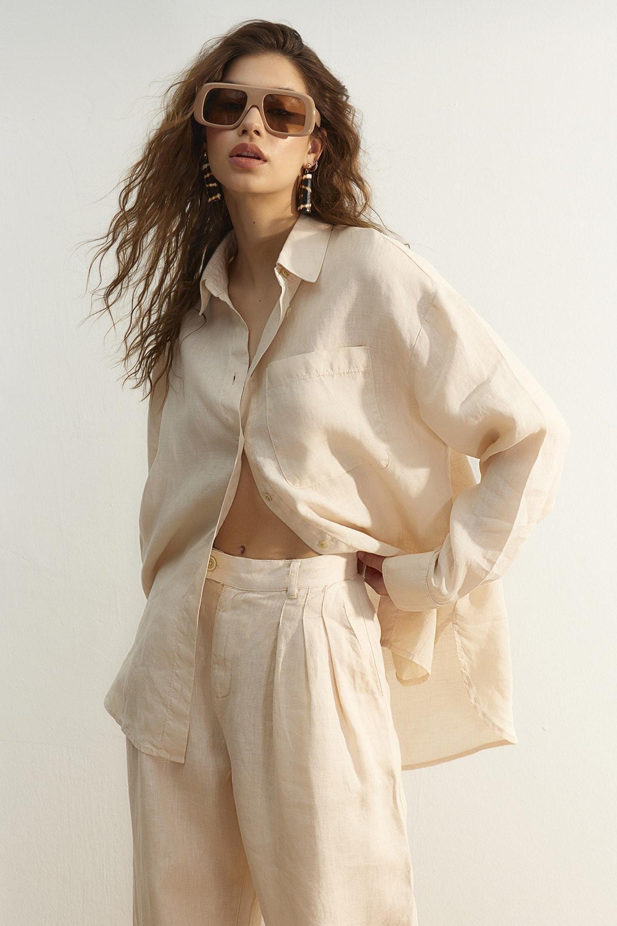 Beige Oversized Linen Shirt, , large image number 1