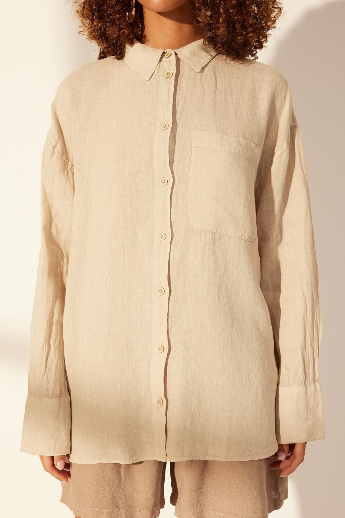 Beige Oversized Linen Shirt, , large image number 4