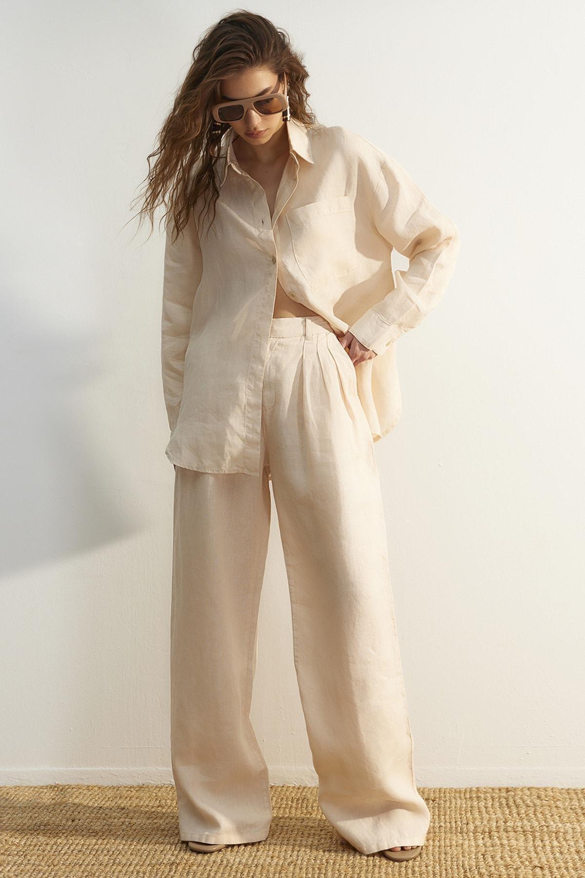 Beige Oversized Linen Shirt, , large image number 6
