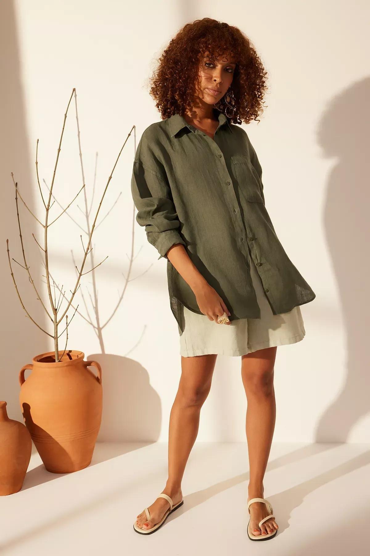 Green Oversize Linen Shirt, C101_5671, large image number 2
