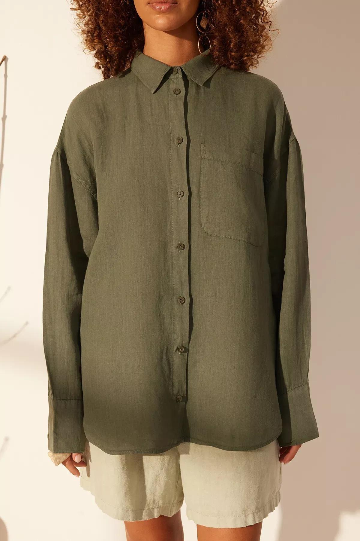 Green Oversize Linen Shirt, C101_5671, large image number 3