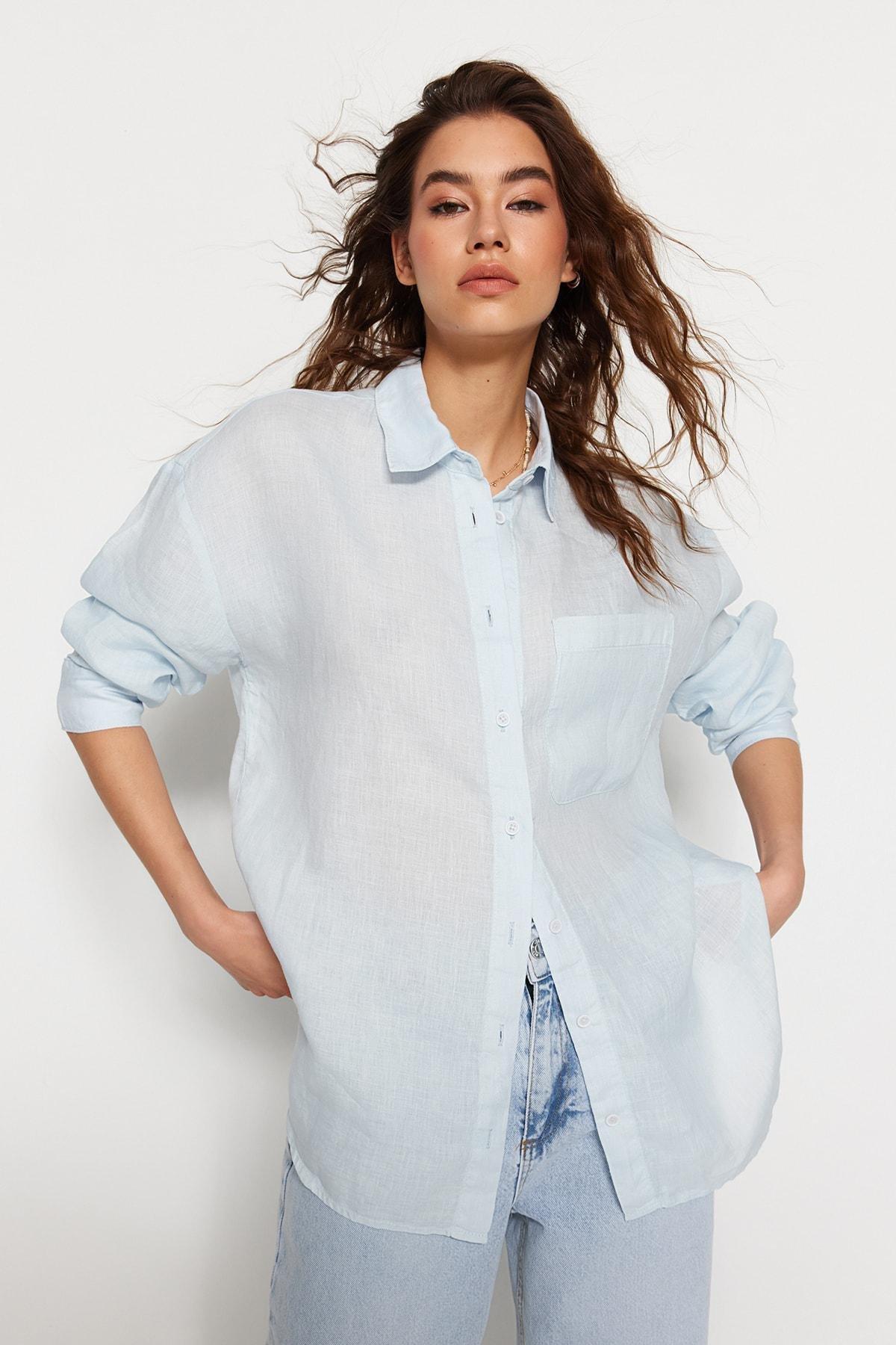 Blue Oversized Linen Shirt, , large image number 1