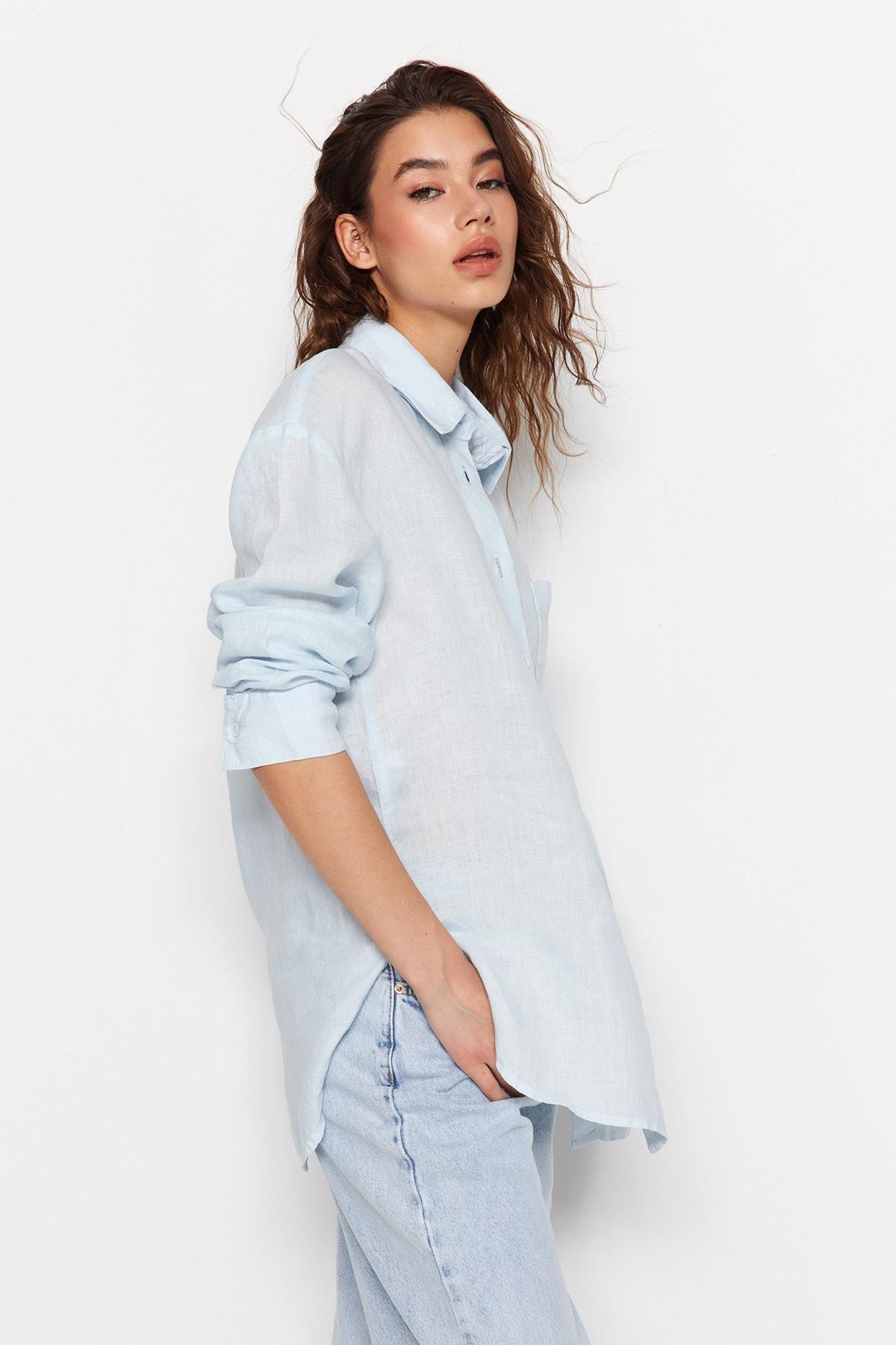 Blue Oversized Linen Shirt, , large image number 2