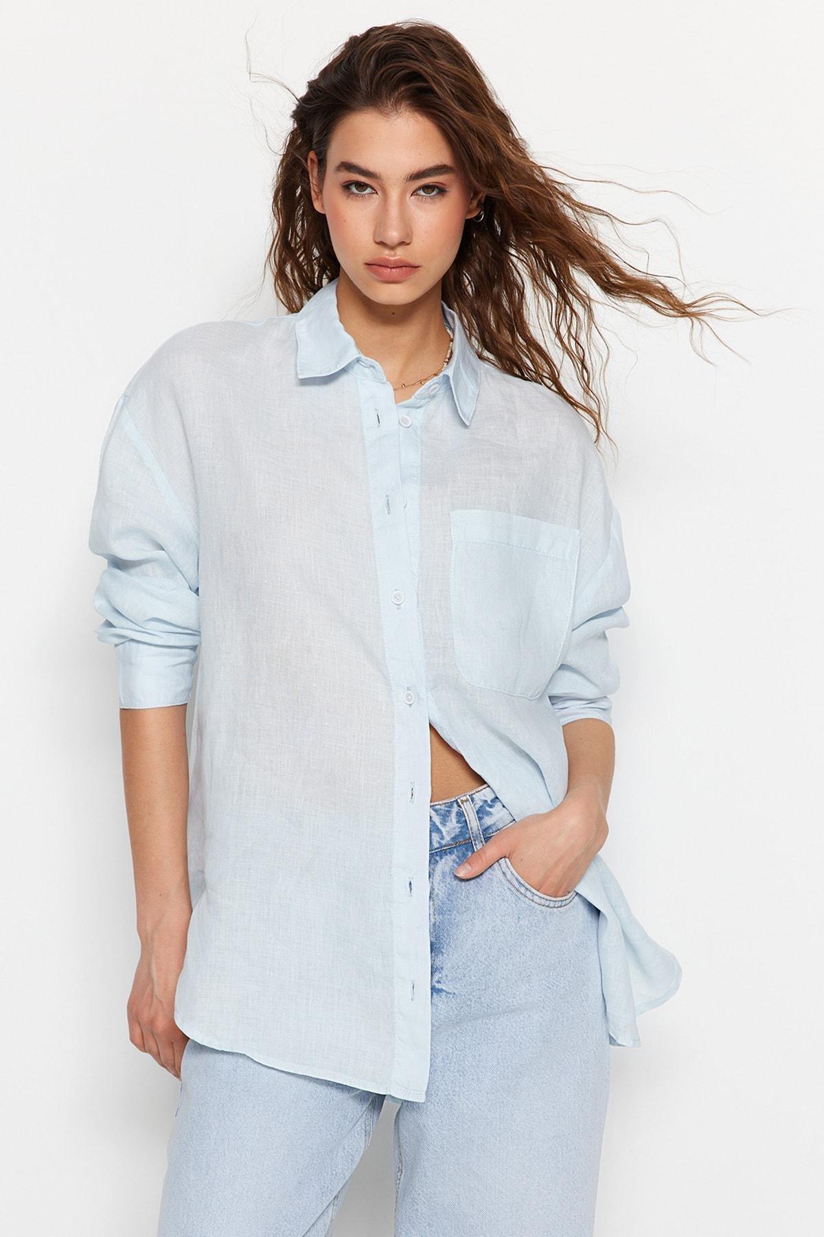 Blue Oversized Linen Shirt, , large image number 3