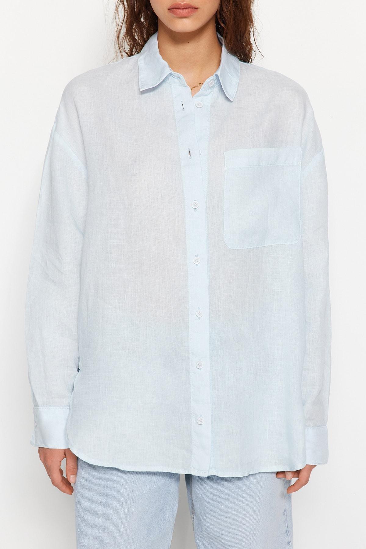 Blue Oversized Linen Shirt, , large image number 4