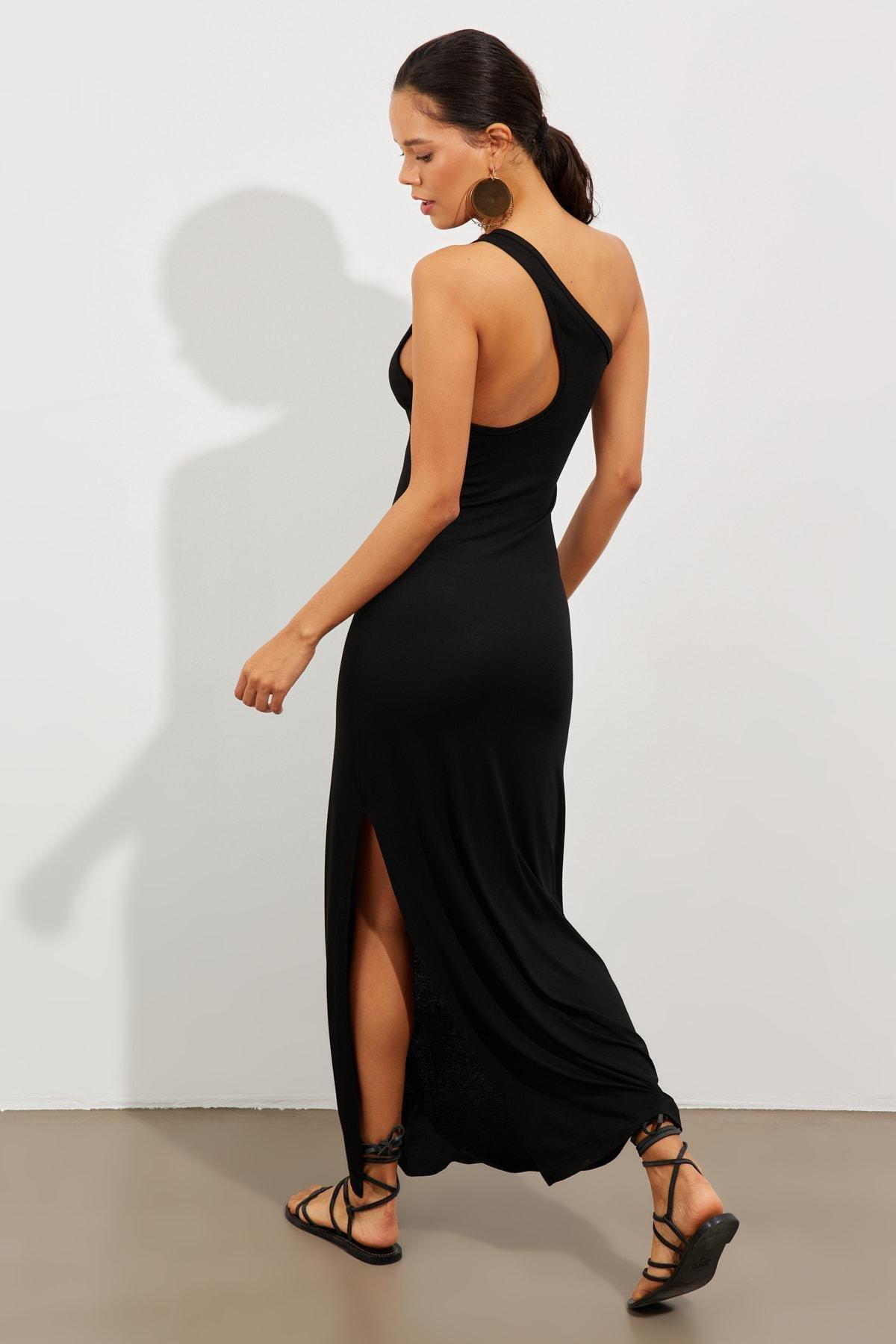 Black One Shoulder Slit Maxi Dress, , large image number 2