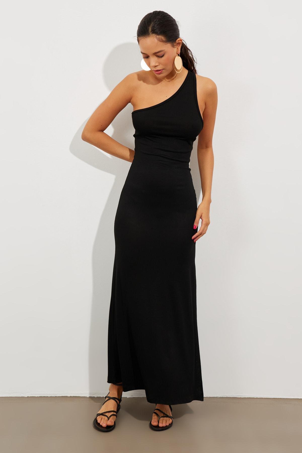 Black One Shoulder Slit Maxi Dress, , large image number 5