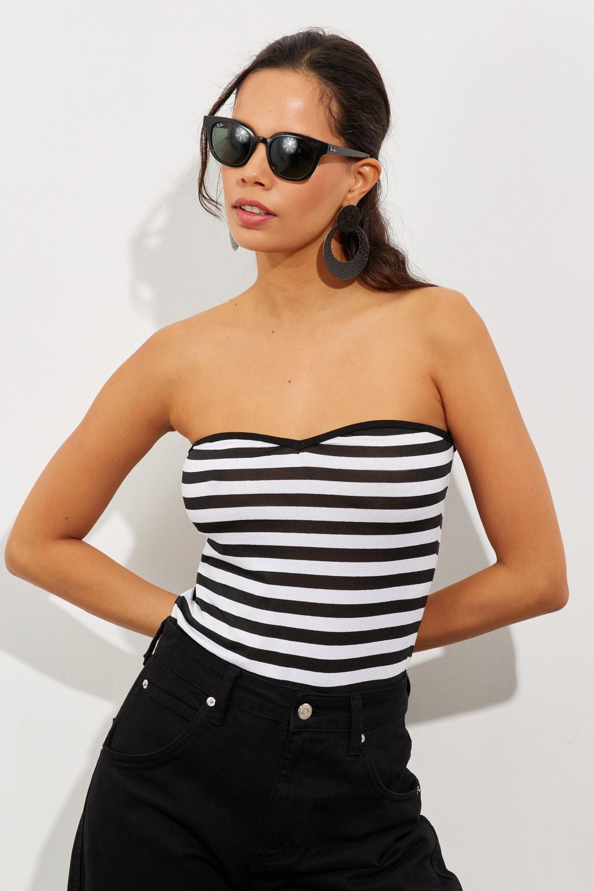 STRIPED STRAPLESS TOP - Black / White