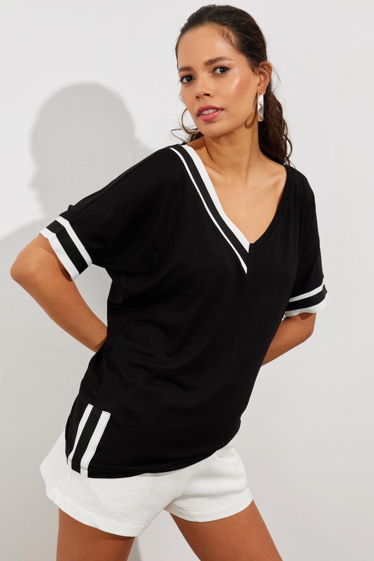 Black Contrast T-Shirt, BLACK, large image number 0