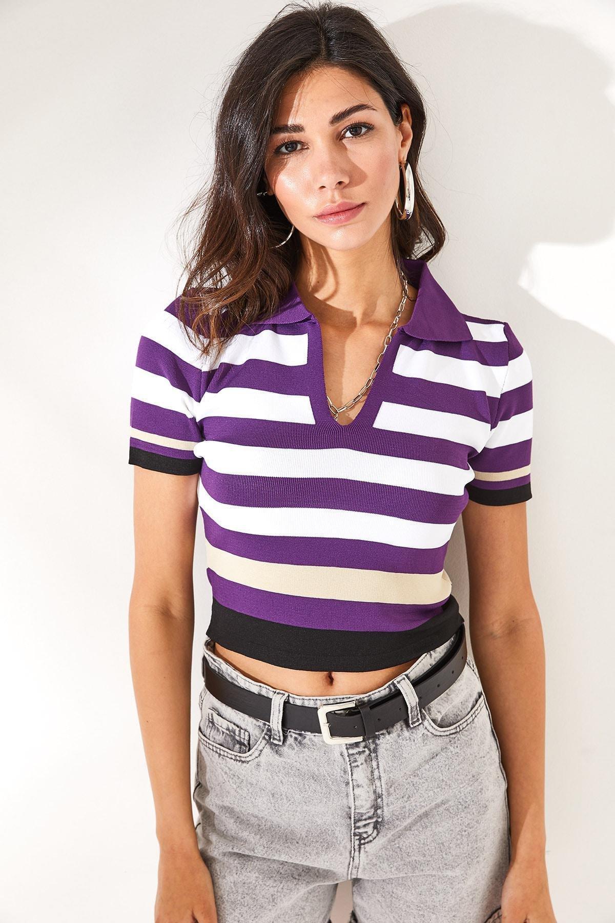 Purple Striped Slim Blouse, Purple Beige, large image number 1
