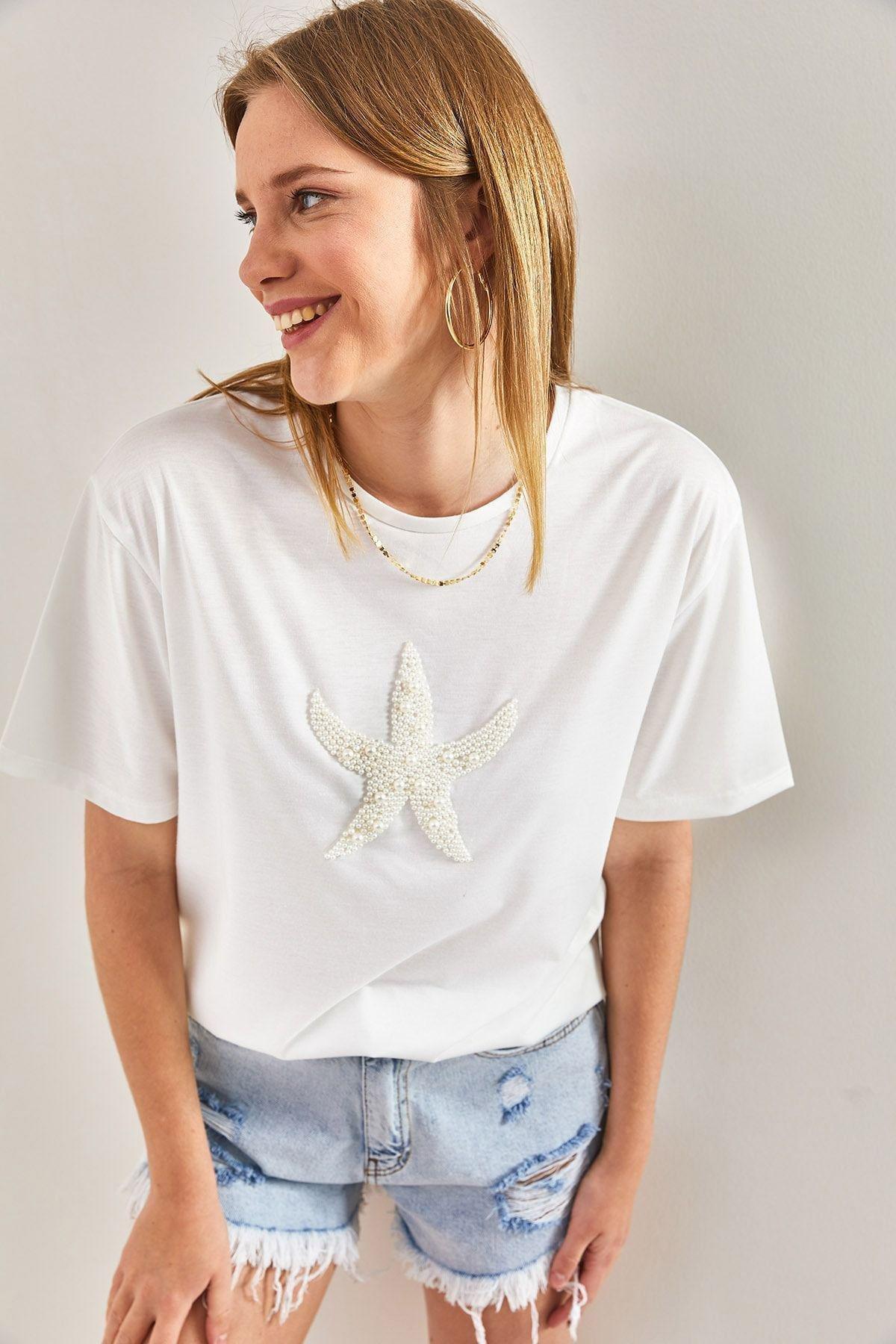 Womens Ecru Star Pearl Stone Embroidered Organic Cotton Combed Cotton T-shirt, single, , large image number 0