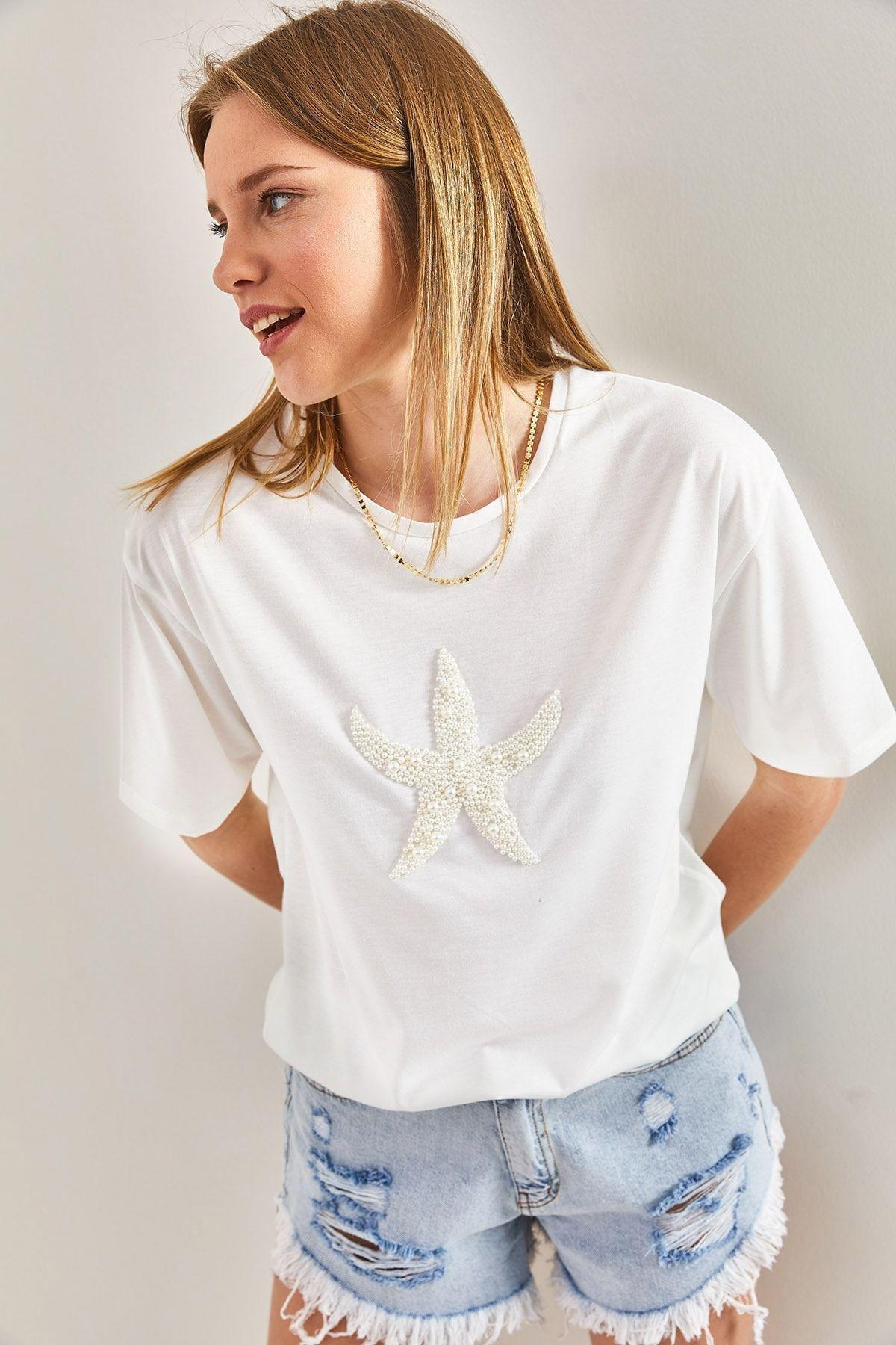 Womens Ecru Star Pearl Stone Embroidered Organic Cotton Combed Cotton T-shirt, single, , large image number 1