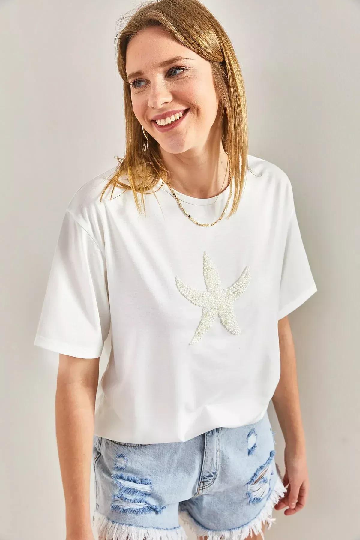 Womens Star Pearl Stone Embroidered Combed Cotton Tshirt, single, Ecru, large image number 3
