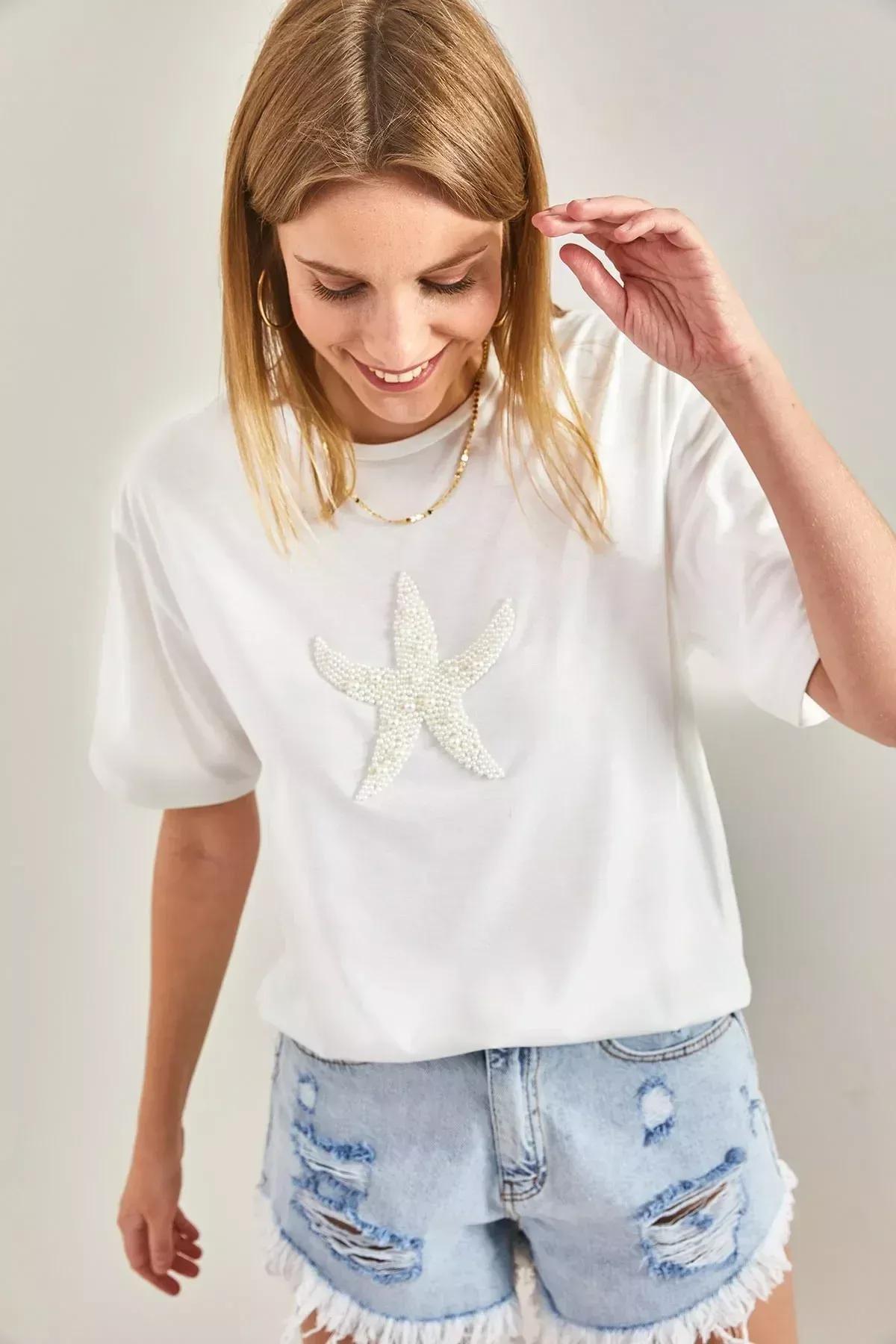 Womens Star Pearl Stone Embroidered Combed Cotton Tshirt, single, Ecru, large image number 4