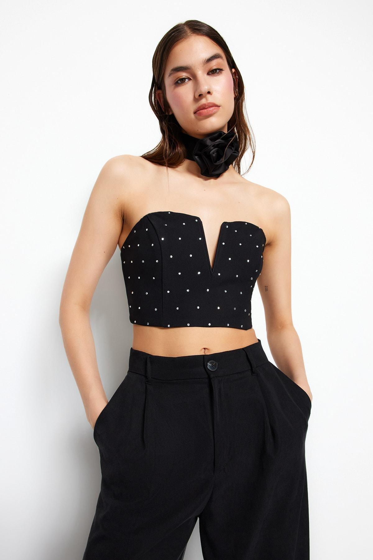 Black Plain Crop Top, , large image number 2