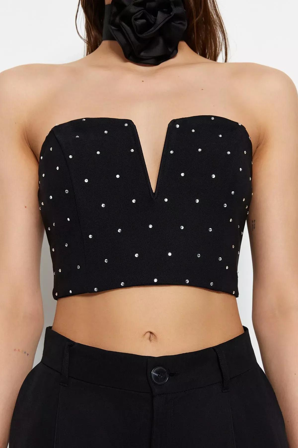 Black Plain Crop Top, BLACK, large image number 3