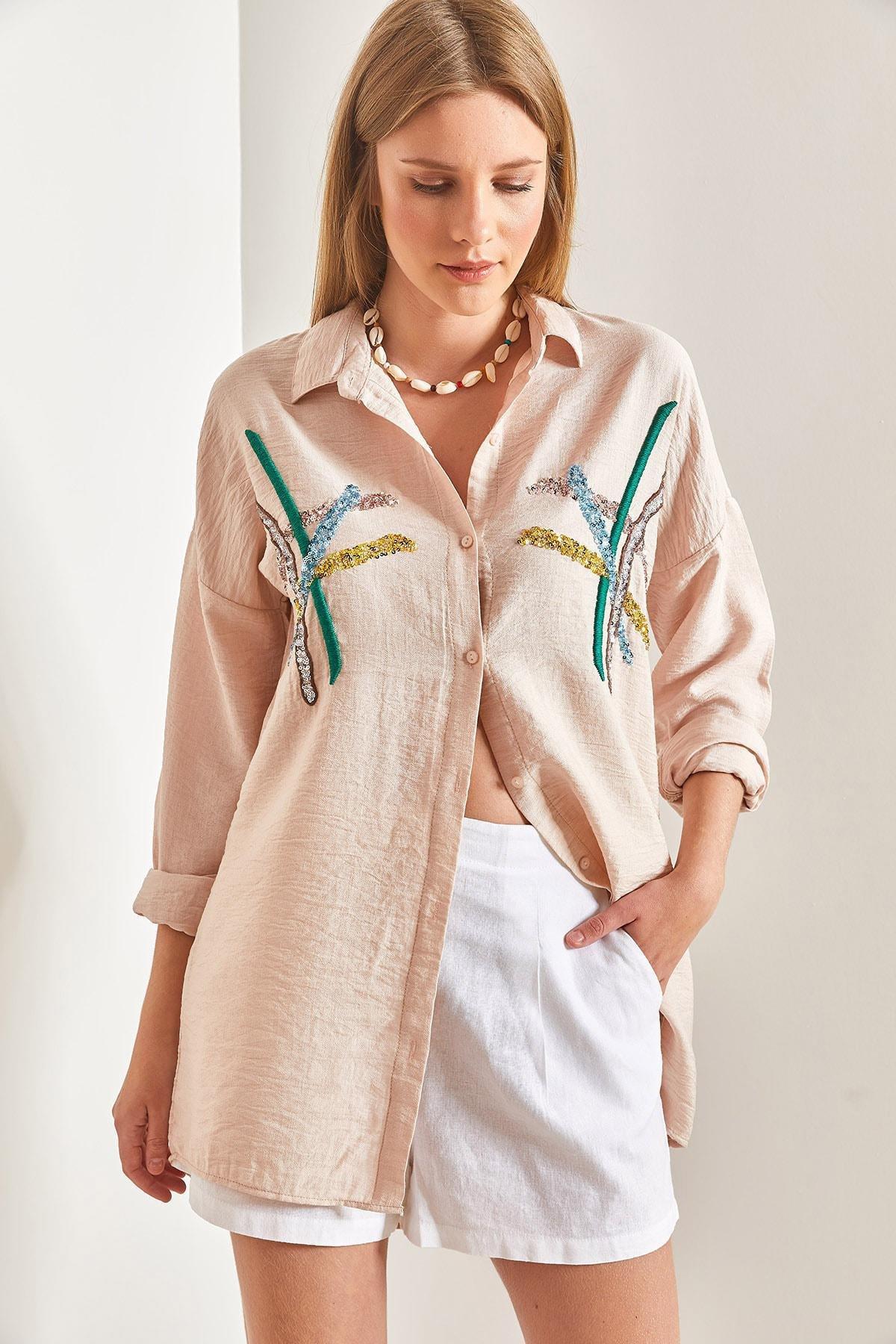 Beige Stamp Palette Embroidered Linen Ayrobin Shirt, , large image number 0