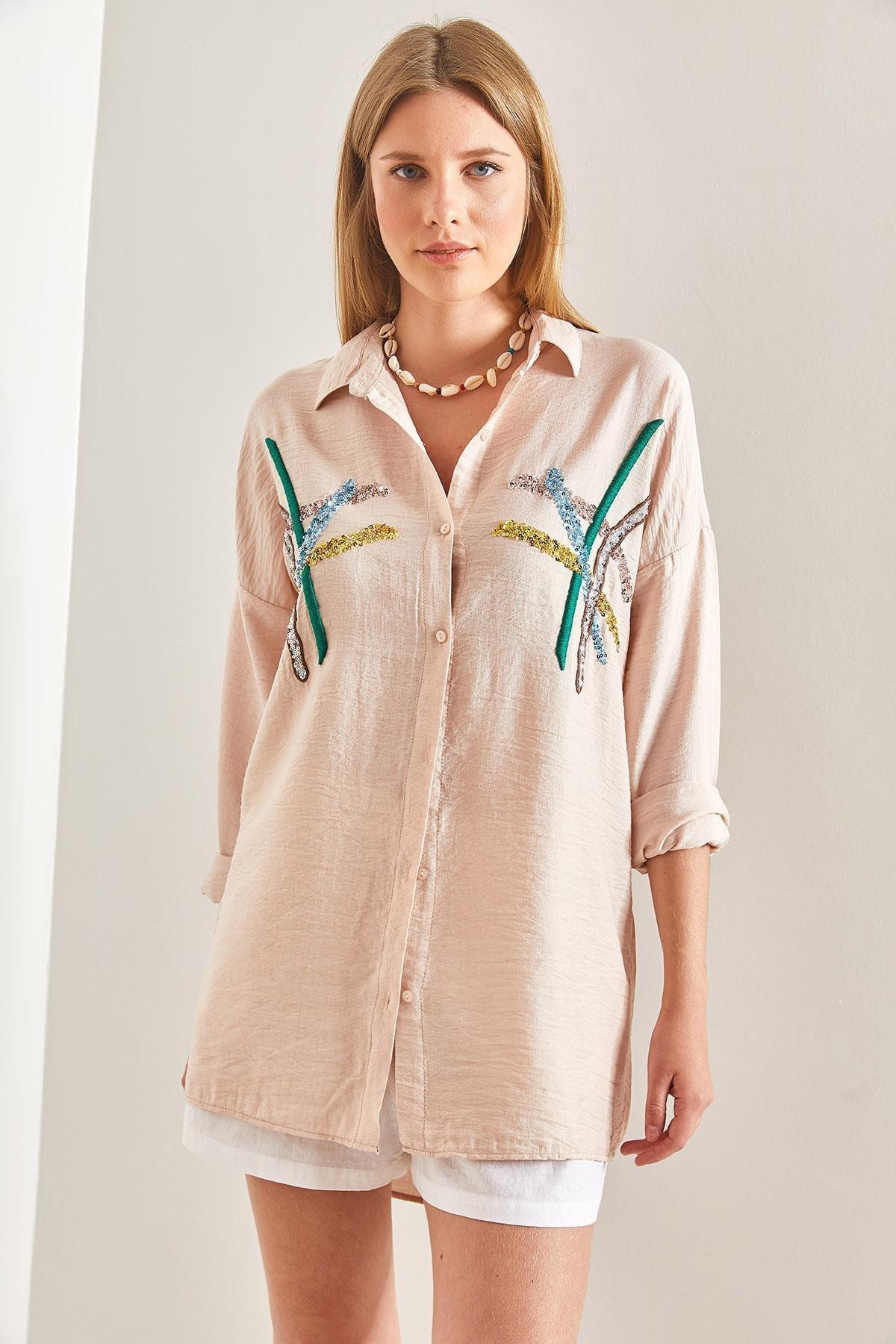 Beige Stamp Palette Embroidered Linen Ayrobin Shirt, , large image number 1