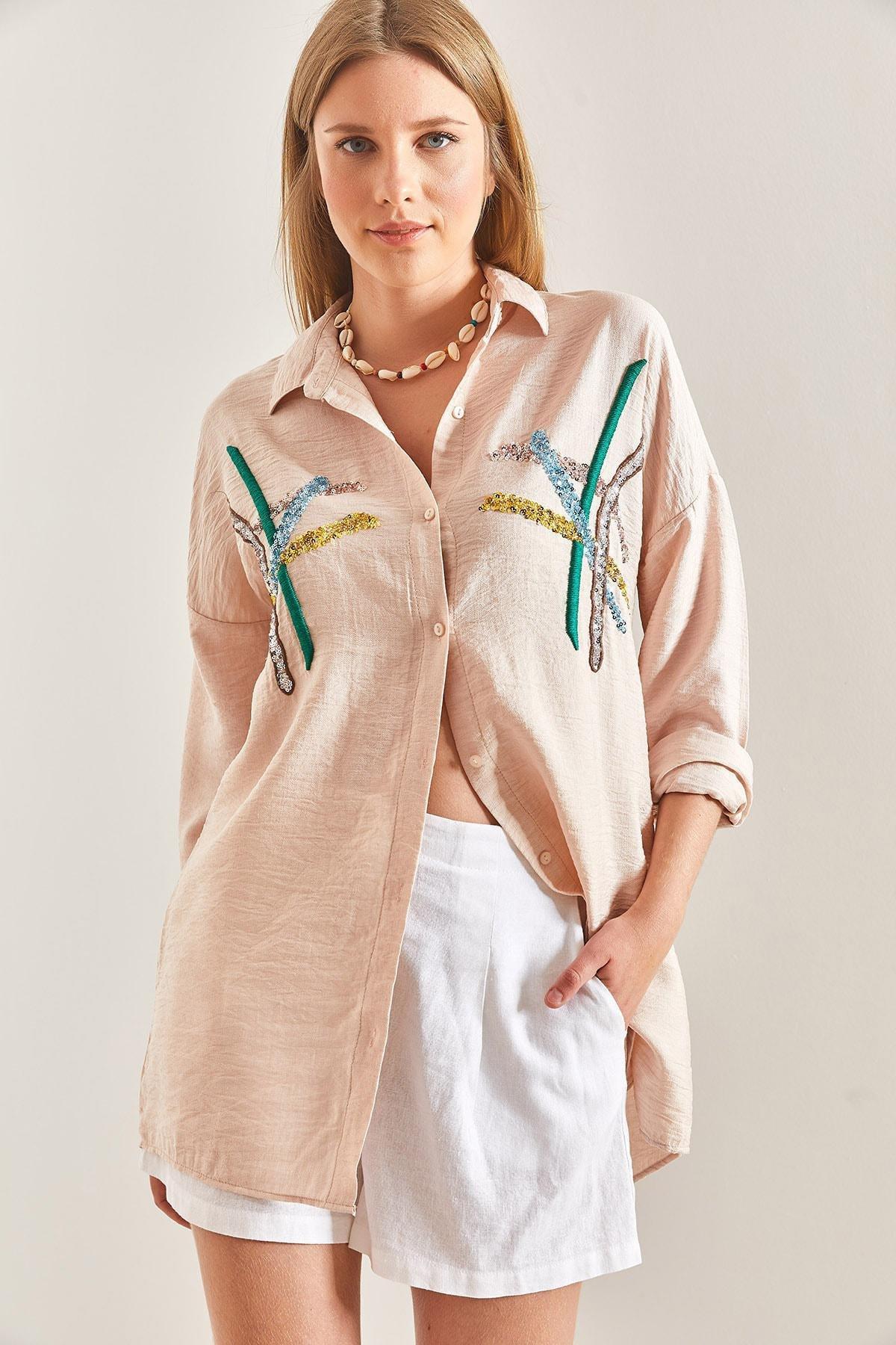 Beige Stamp Palette Embroidered Linen Ayrobin Shirt, , large image number 3