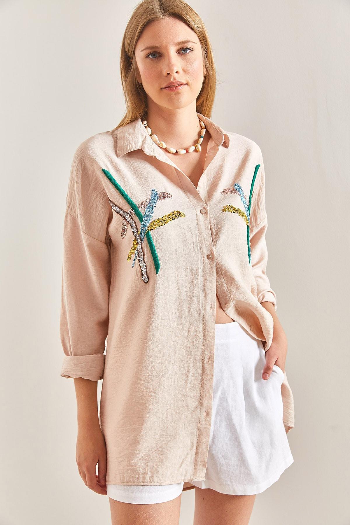 Beige Stamp Palette Embroidered Linen Ayrobin Shirt, , large image number 4