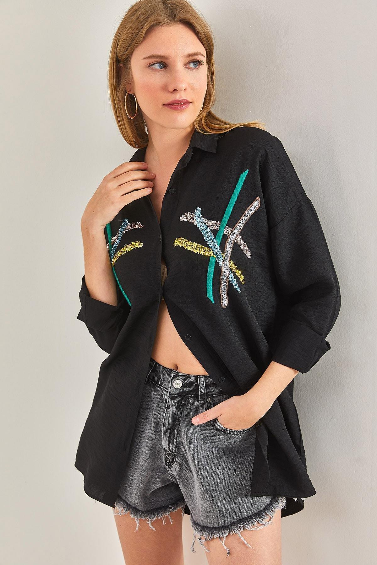 Black Stamp Palette Embroidered Linen Ayrobin Shirt, , large image number 2