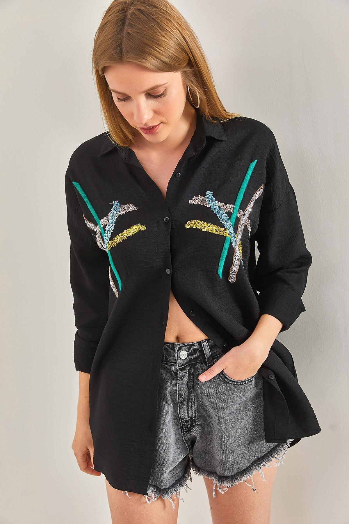 Black Stamp Palette Embroidered Linen Ayrobin Shirt, , large image number 3