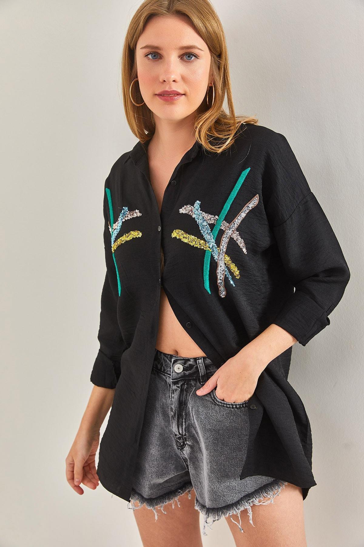 Black Stamp Palette Embroidered Linen Ayrobin Shirt, , large image number 4