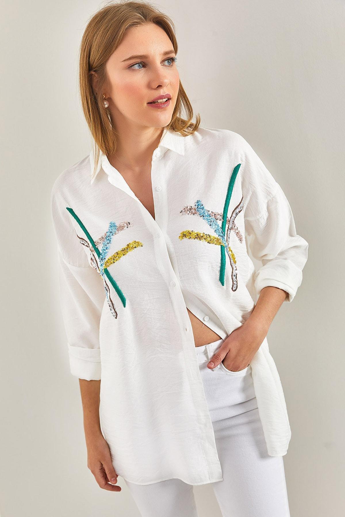 White Embroidered Sequins Shirt, , large image number 0