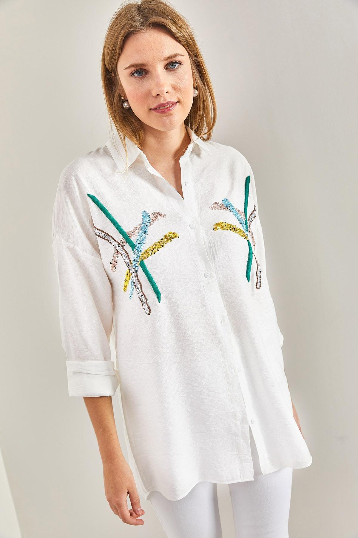 White Embroidered Sequins Shirt, , large image number 1