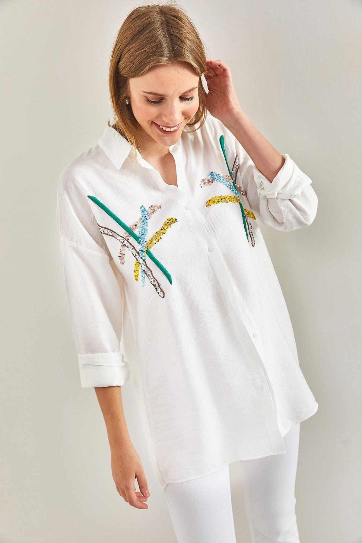 White Embroidered Sequins Shirt, , large image number 2
