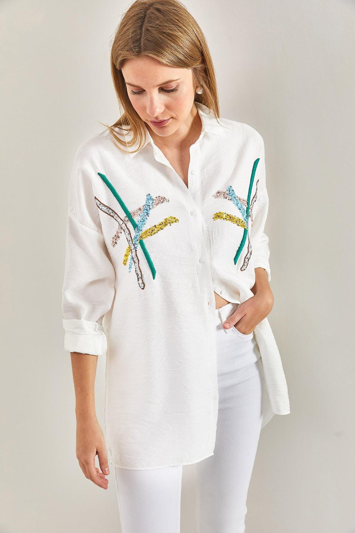 White Embroidered Sequins Shirt, , large image number 4