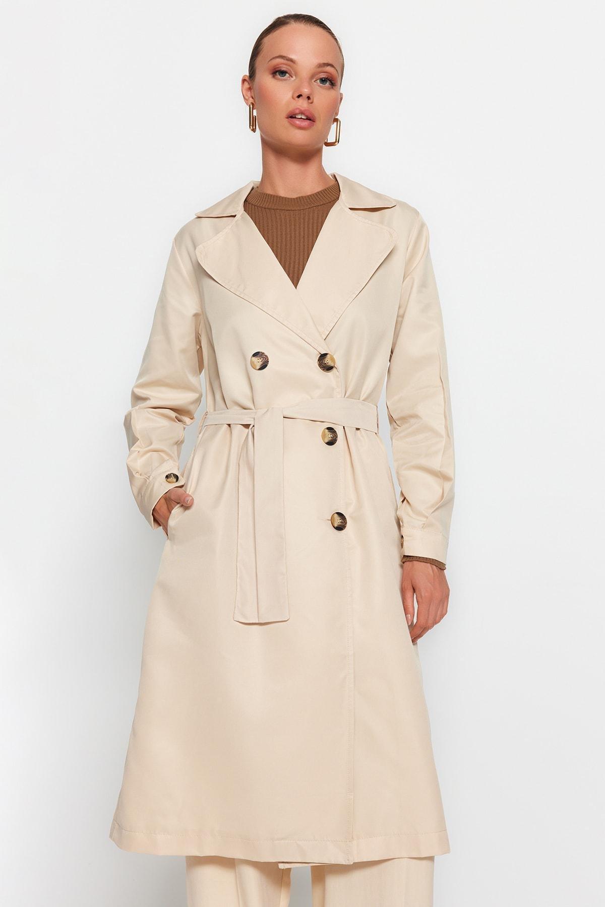 Beige Double Breasted Trench Coat, , large image number 0
