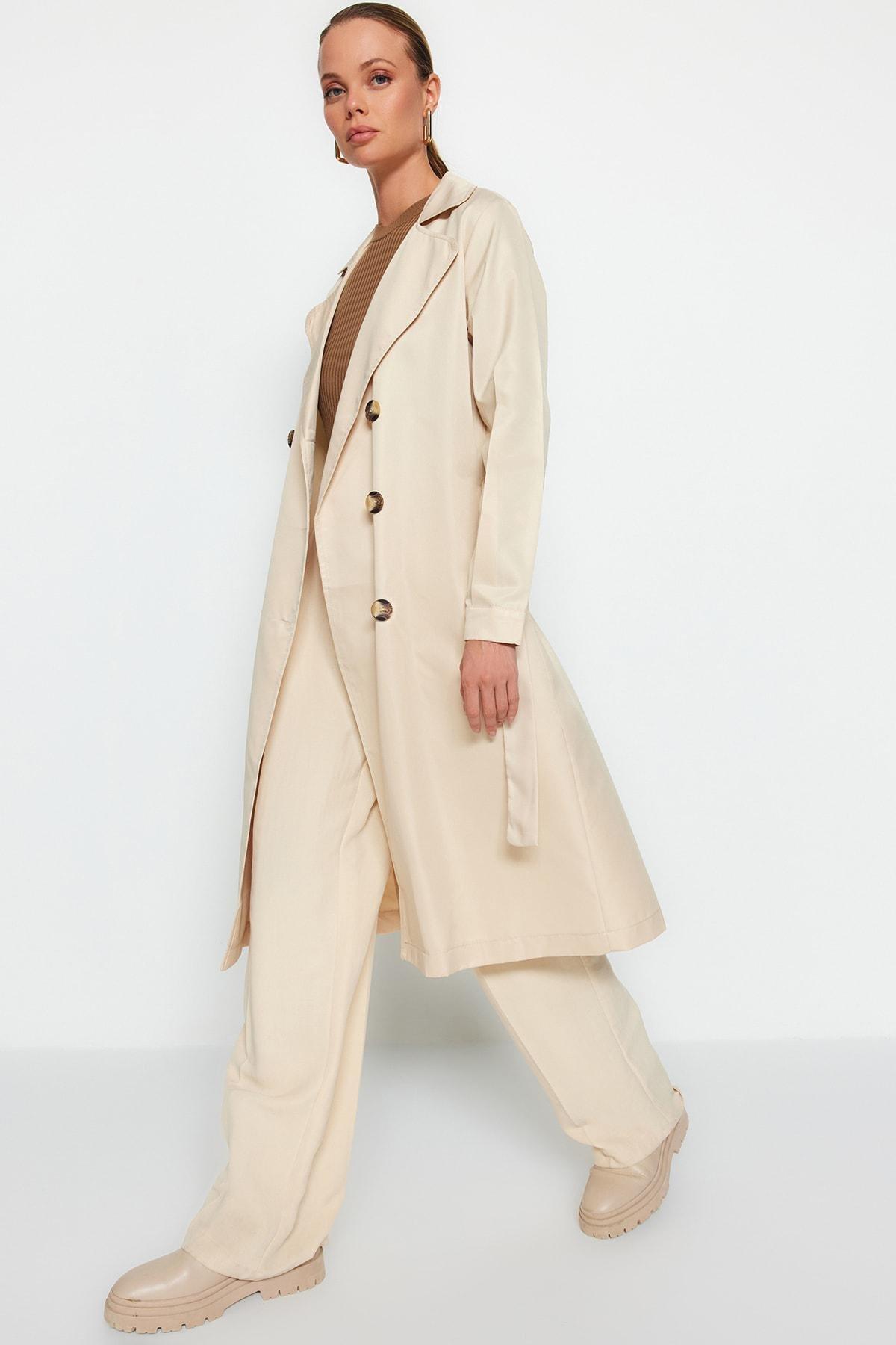 Beige Double Breasted Trench Coat, , large image number 1