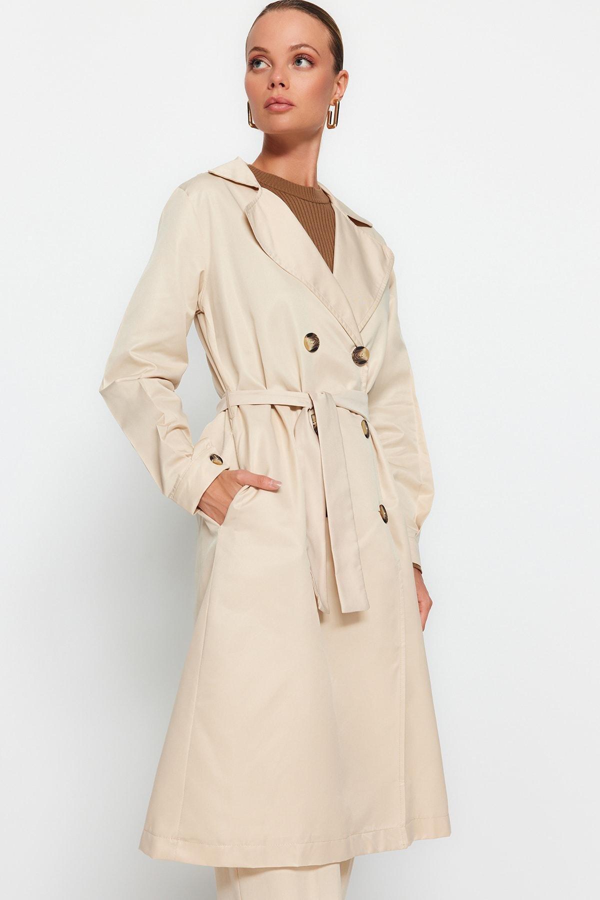 Beige Double Breasted Trench Coat, , large image number 2