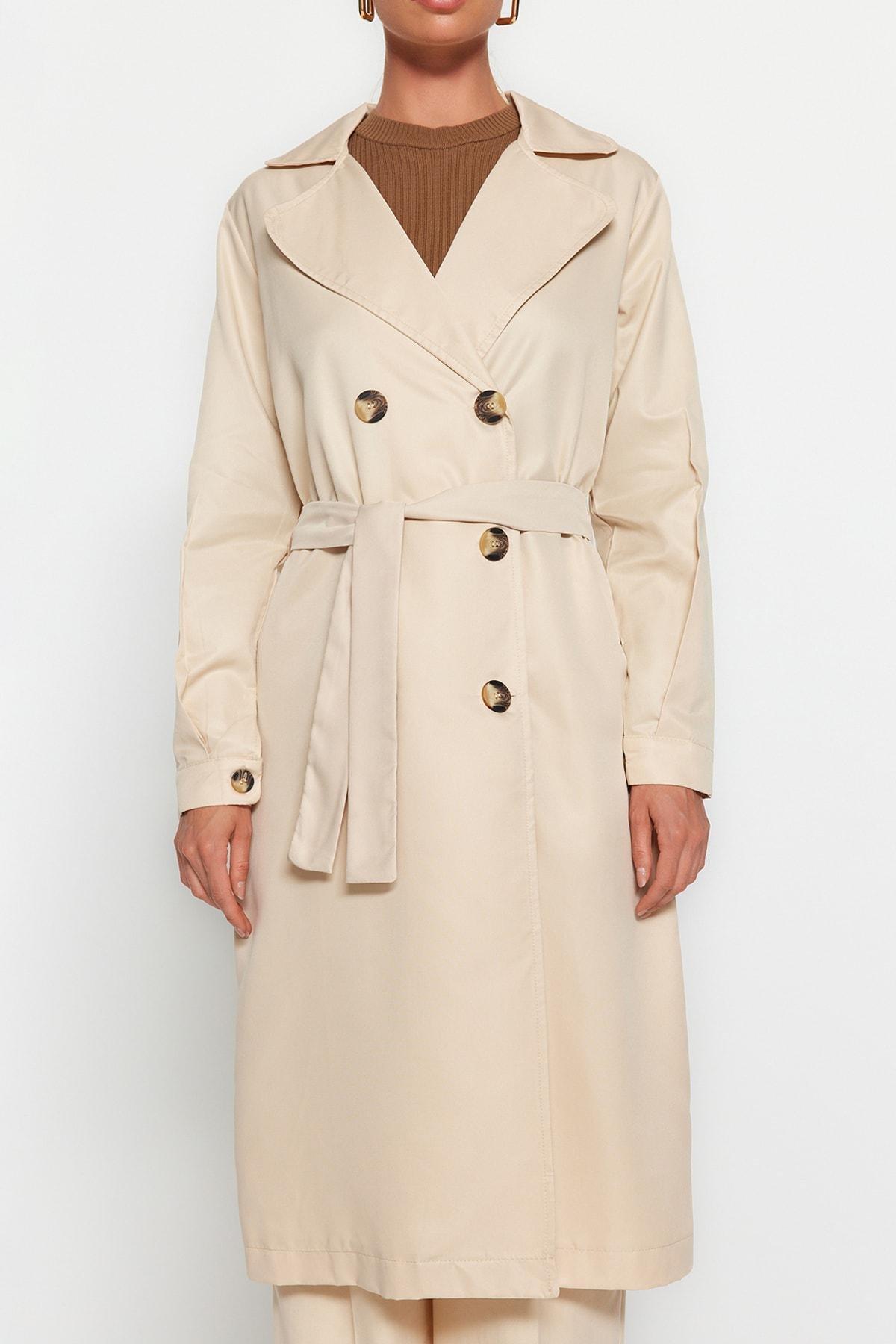 Beige Double Breasted Trench Coat, , large image number 3