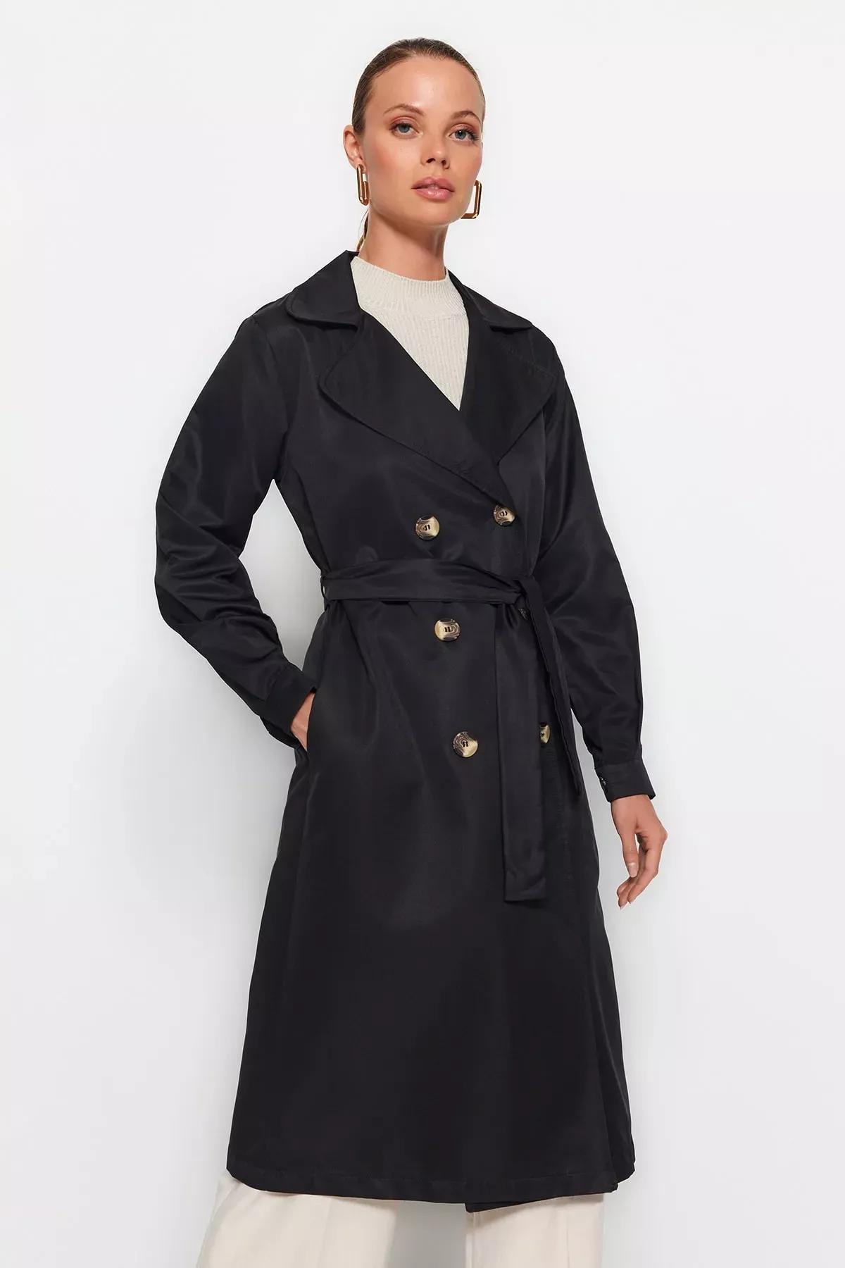 Black Double Breasted Trench Coat, BLACK, large image number 0