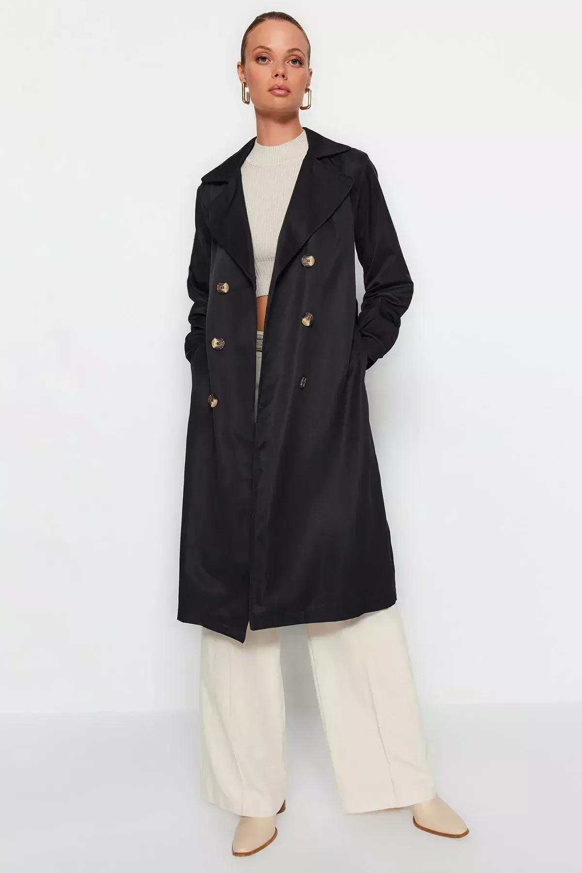 Black Double Breasted Trench Coat, BLACK, medium