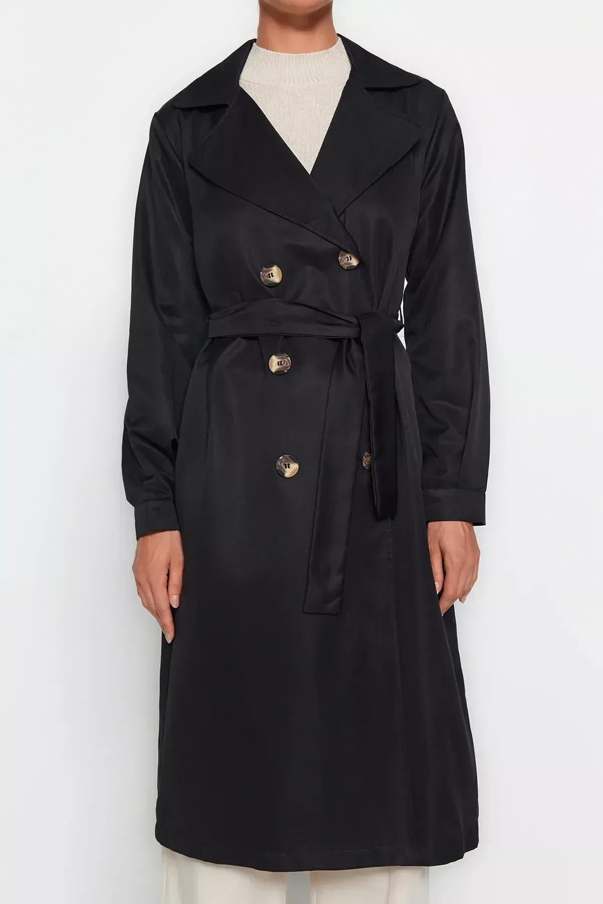 Black Double Breasted Trench Coat, BLACK, large image number 3